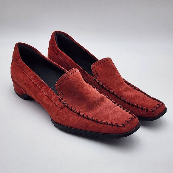 Ecco Comfort Driving Loafers Red Suede‎ Black Stitching Square Toe 38 Women's - Picture 1 of 12
